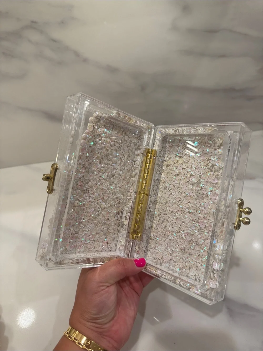 Iridescent Sequin Acrylic Clutch Bag - White